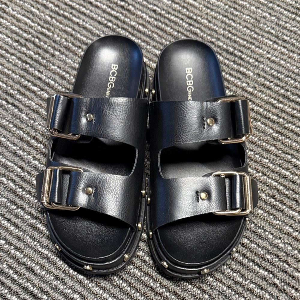 BCBG Black Sandals with Gold Buckles